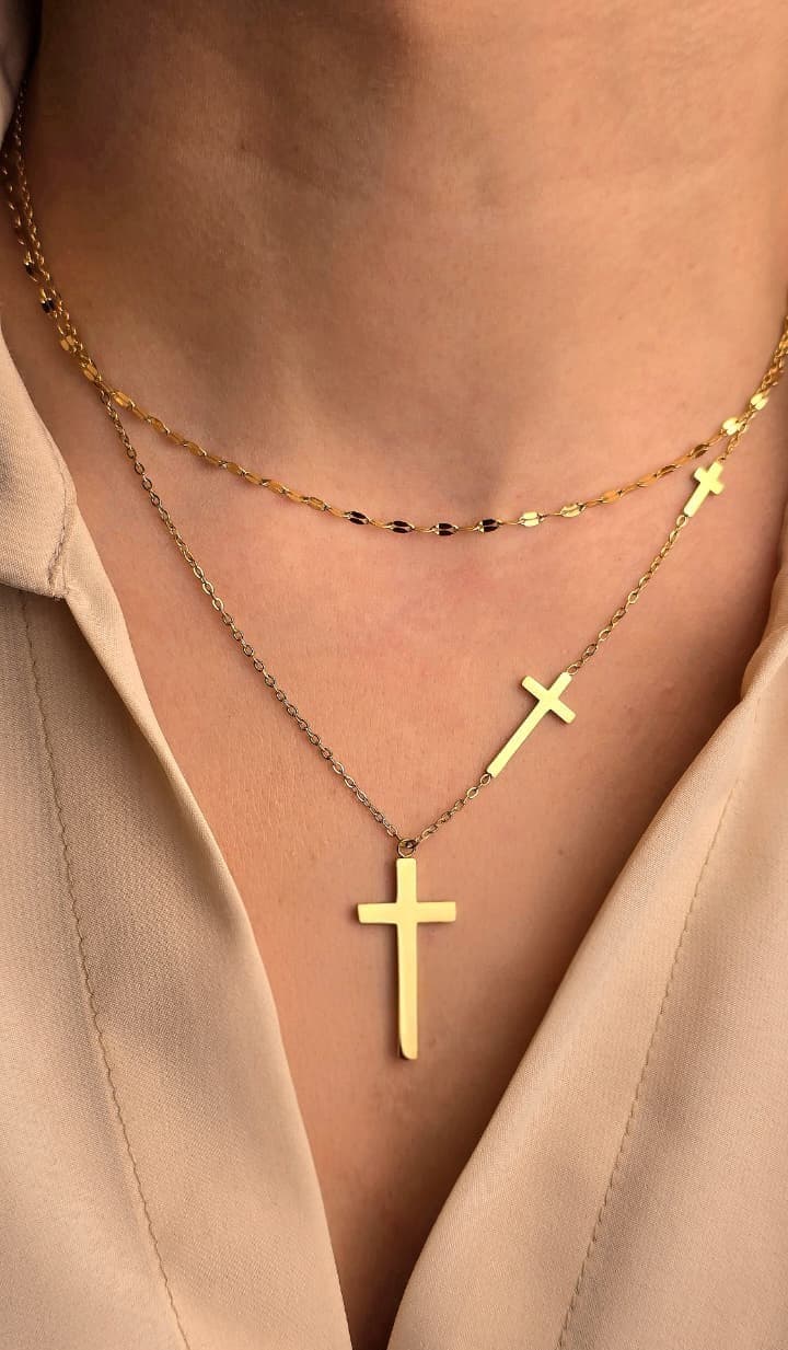 DOUBLE LAYER CROSS GOLD PLATED NECKLACE