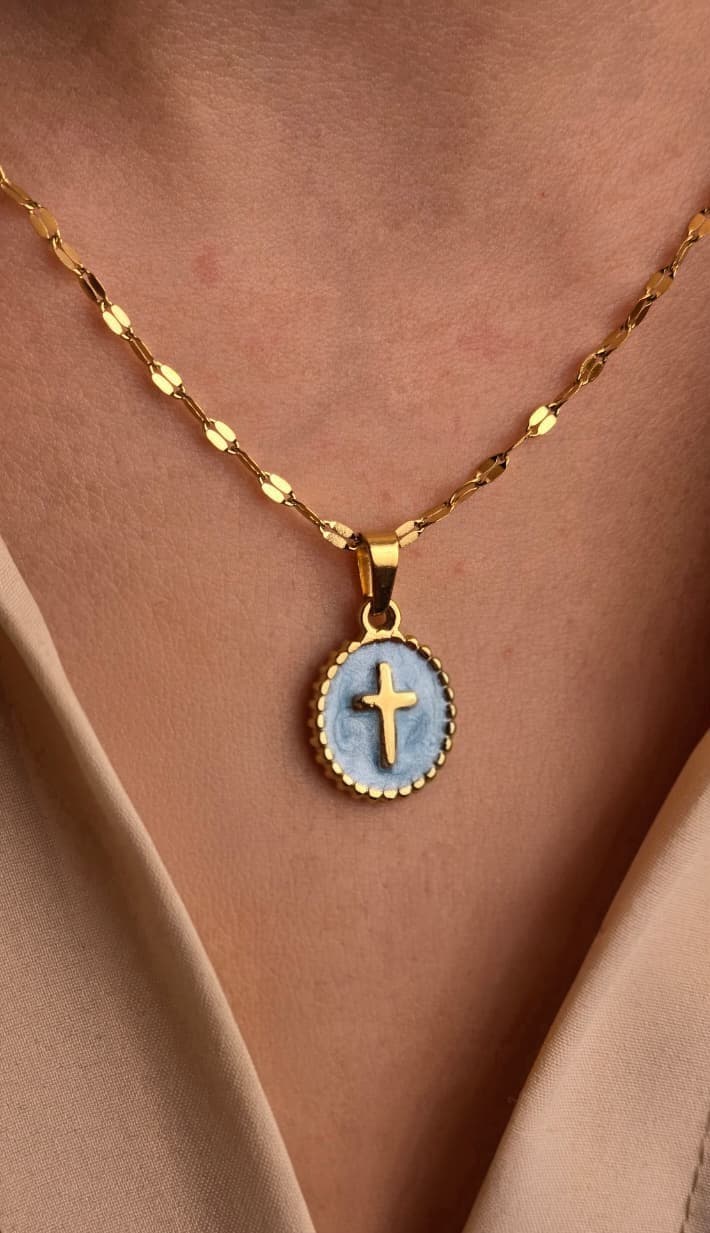 BLUE EPOXY OVAL CROSS GOLD PLATED NECKLACE - 1