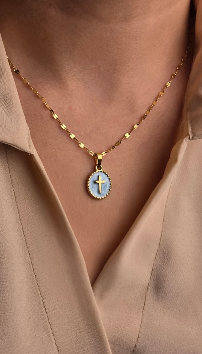 BLUE EPOXY OVAL CROSS GOLD PLATED NECKLACE - 2