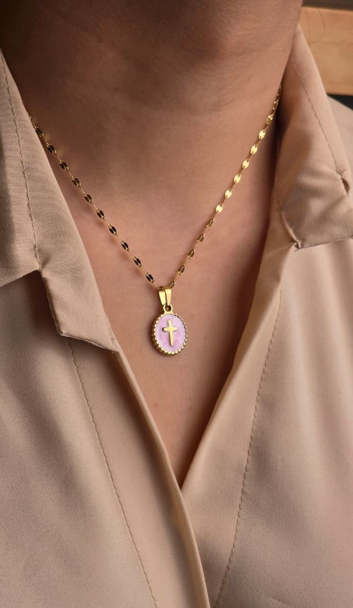 PINK EPOXY OVAL CROSS GOLD PLATED NECKLACE - 2