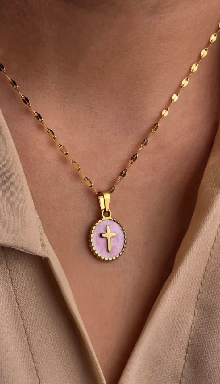 PINK EPOXY OVAL CROSS GOLD PLATED NECKLACE - 1