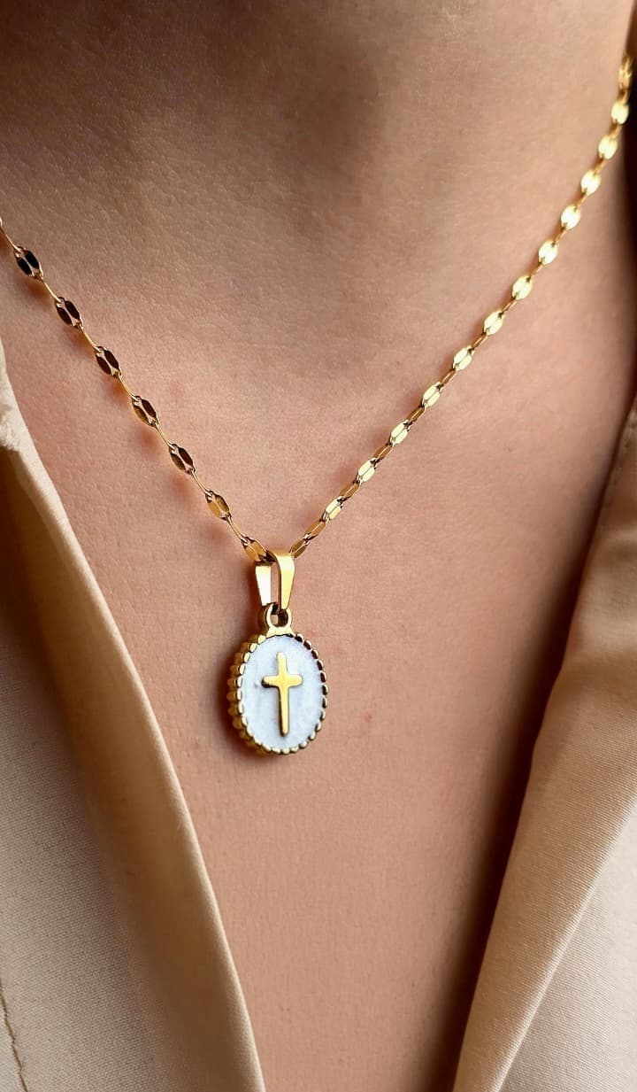 WHITE EPOXY OVAL CROSS GOLD PLATED NECKLACE - 1