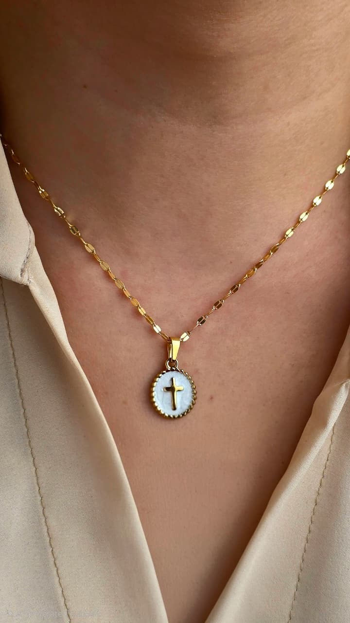 WHITE EPOXY OVAL CROSS GOLD PLATED NECKLACE - 2