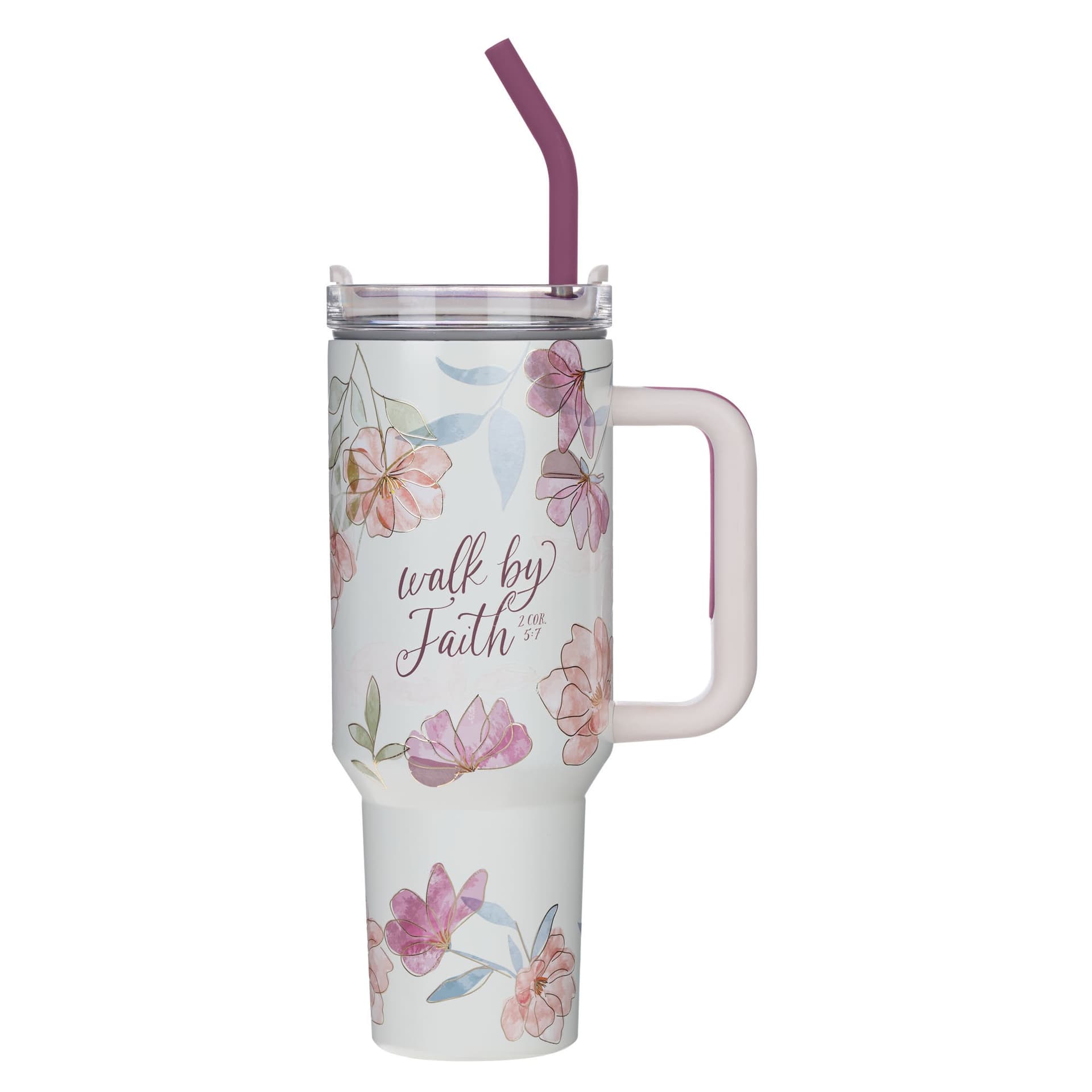 TUMBLER W/STRAW SS WHITE FLORAL WALK BY FAITH 2 COR 5:7 - 1