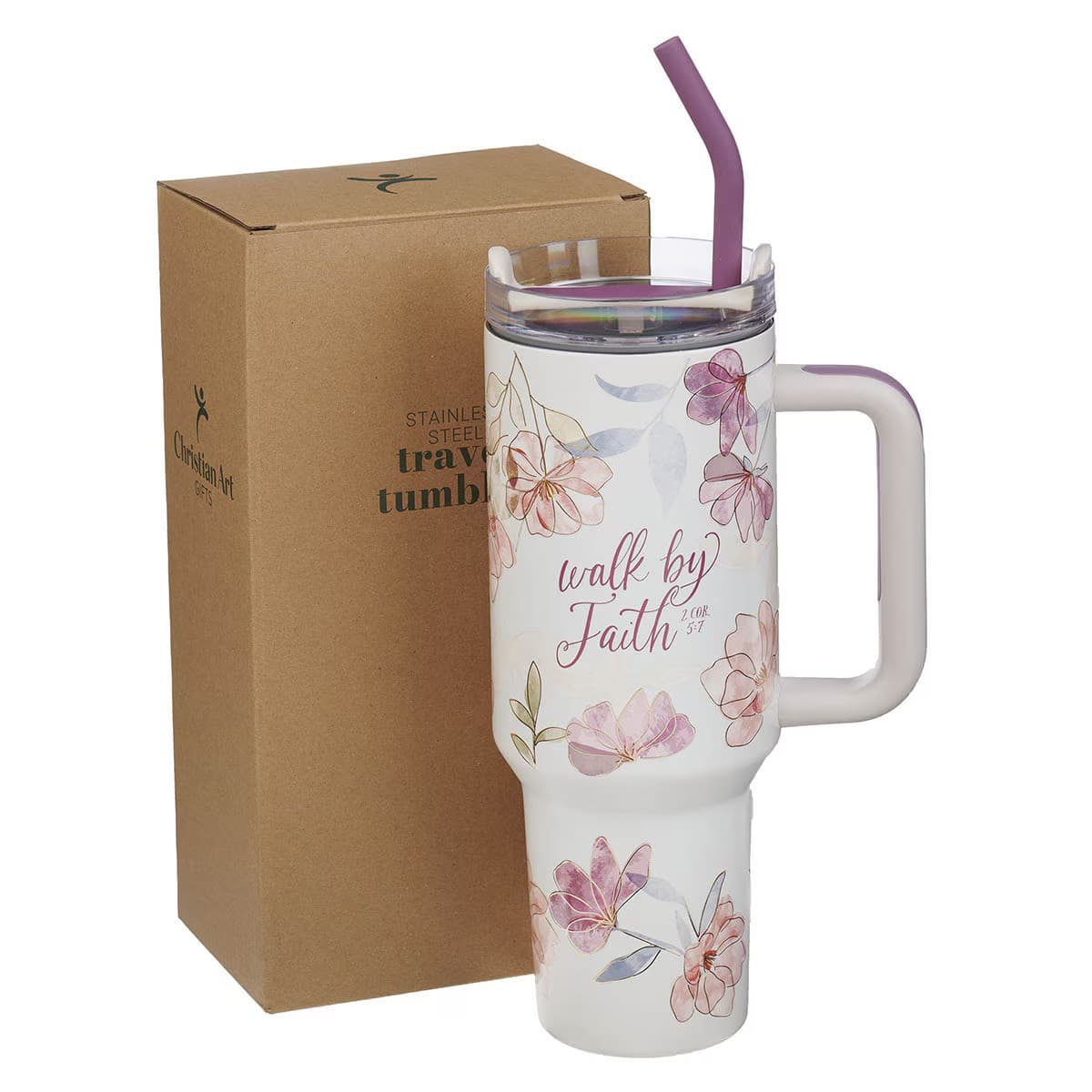 TUMBLER W/STRAW SS WHITE FLORAL WALK BY FAITH 2 COR 5:7 - 3