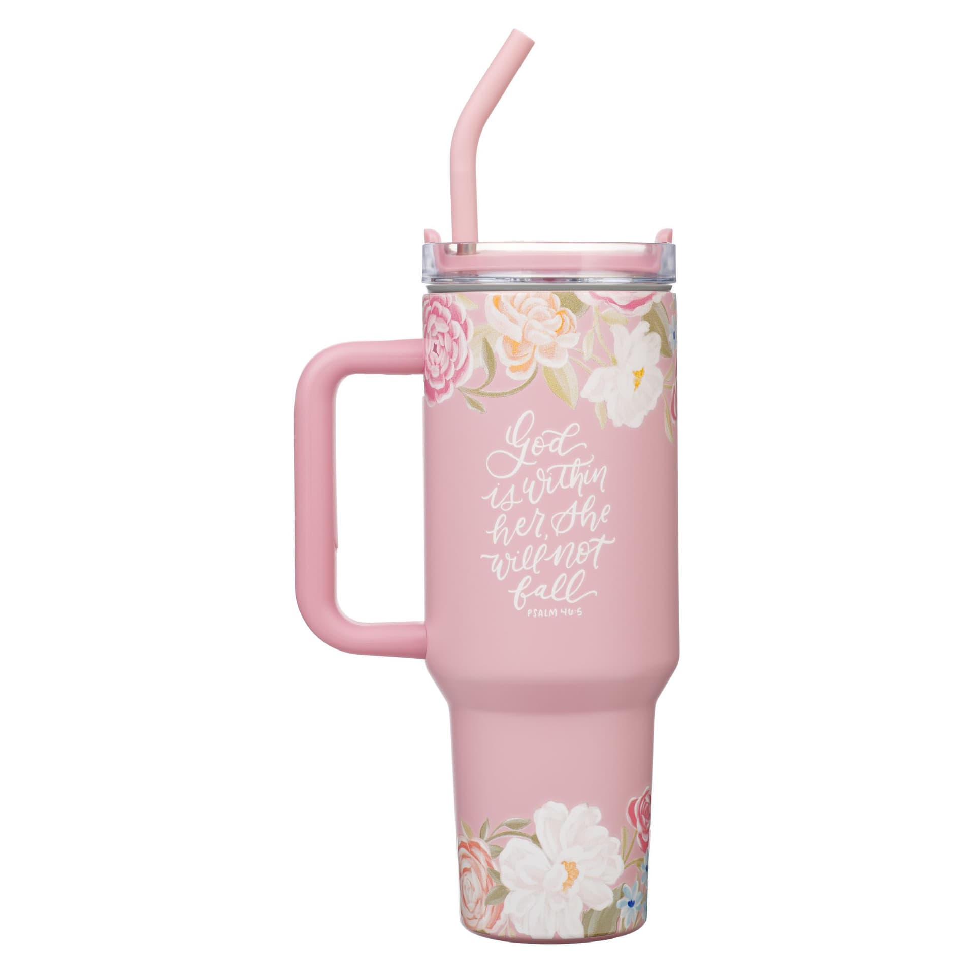 TUMBLER W/STRAW SS PINK GOD IS WITHIN HER PS 46:5 - 2