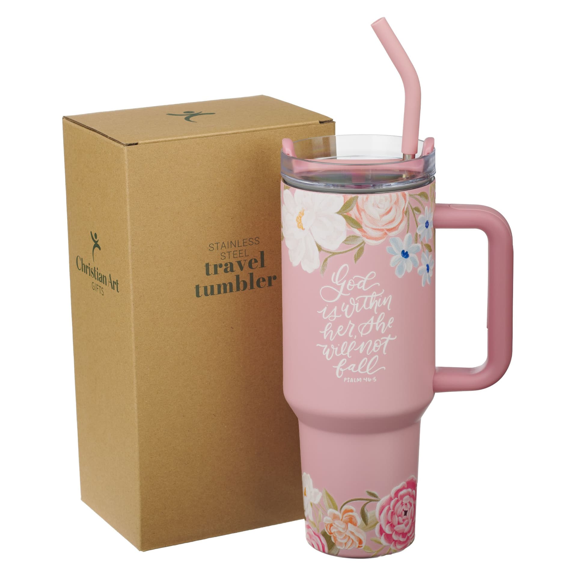 TUMBLER W/STRAW SS PINK GOD IS WITHIN HER PS 46:5 - 3