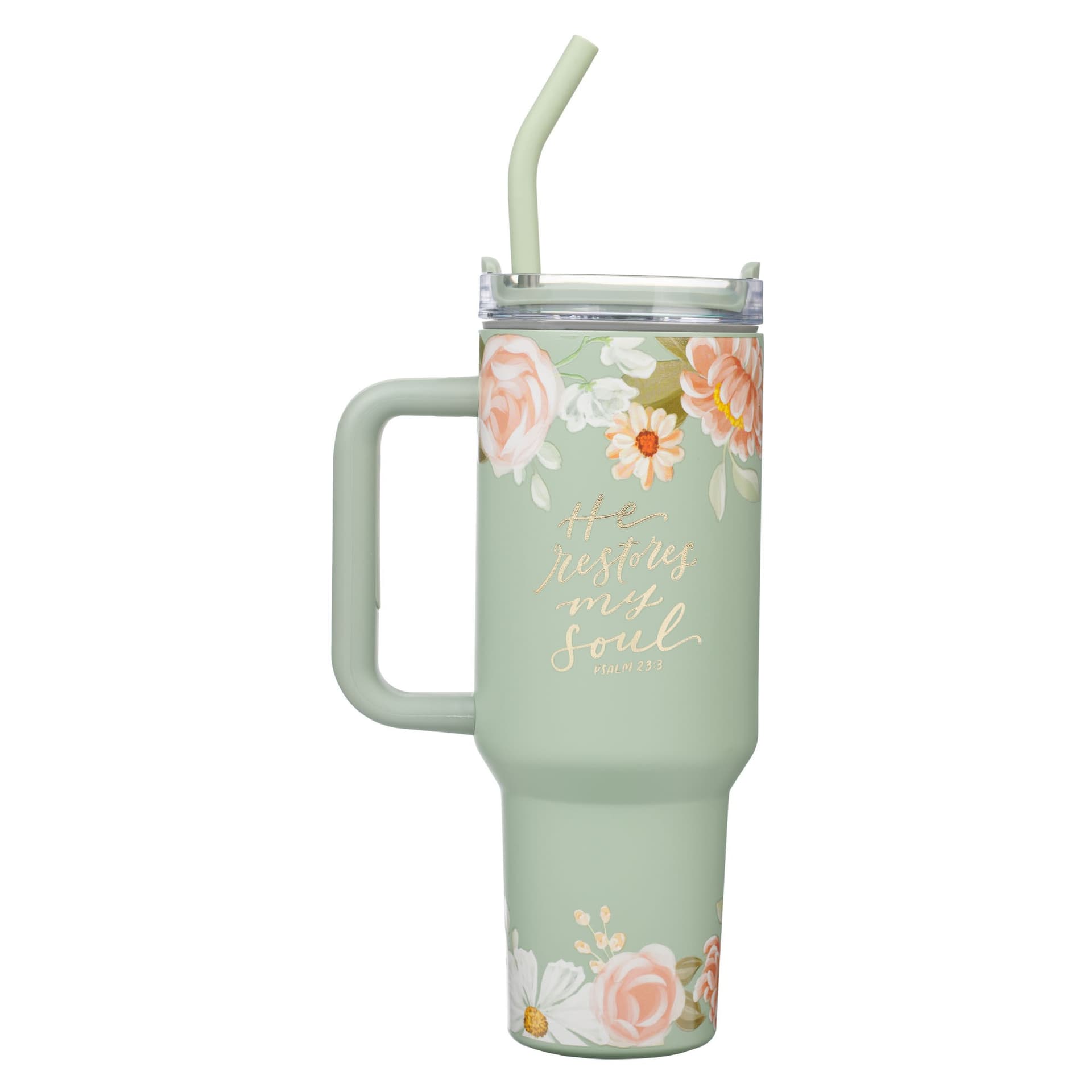 TUMBLER W/STRAW SS GREEN HE RESTORES MY SOUL PS 23:3 - 2