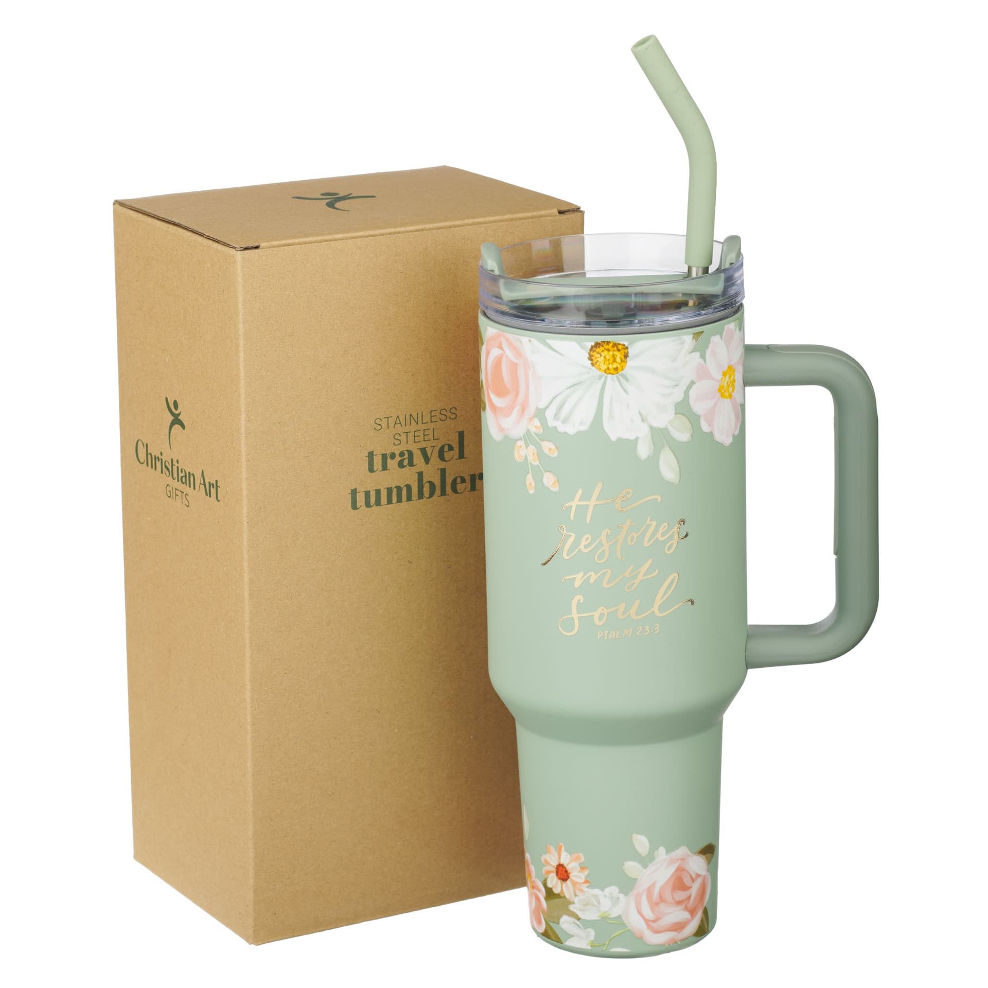 TUMBLER W/STRAW SS GREEN HE RESTORES MY SOUL PS 23:3 - 3