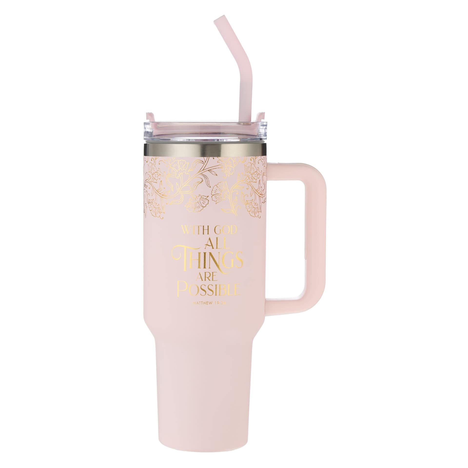 TUMBLER W/STRAW SS PINK WITH GOD MATT 19:26 - 1
