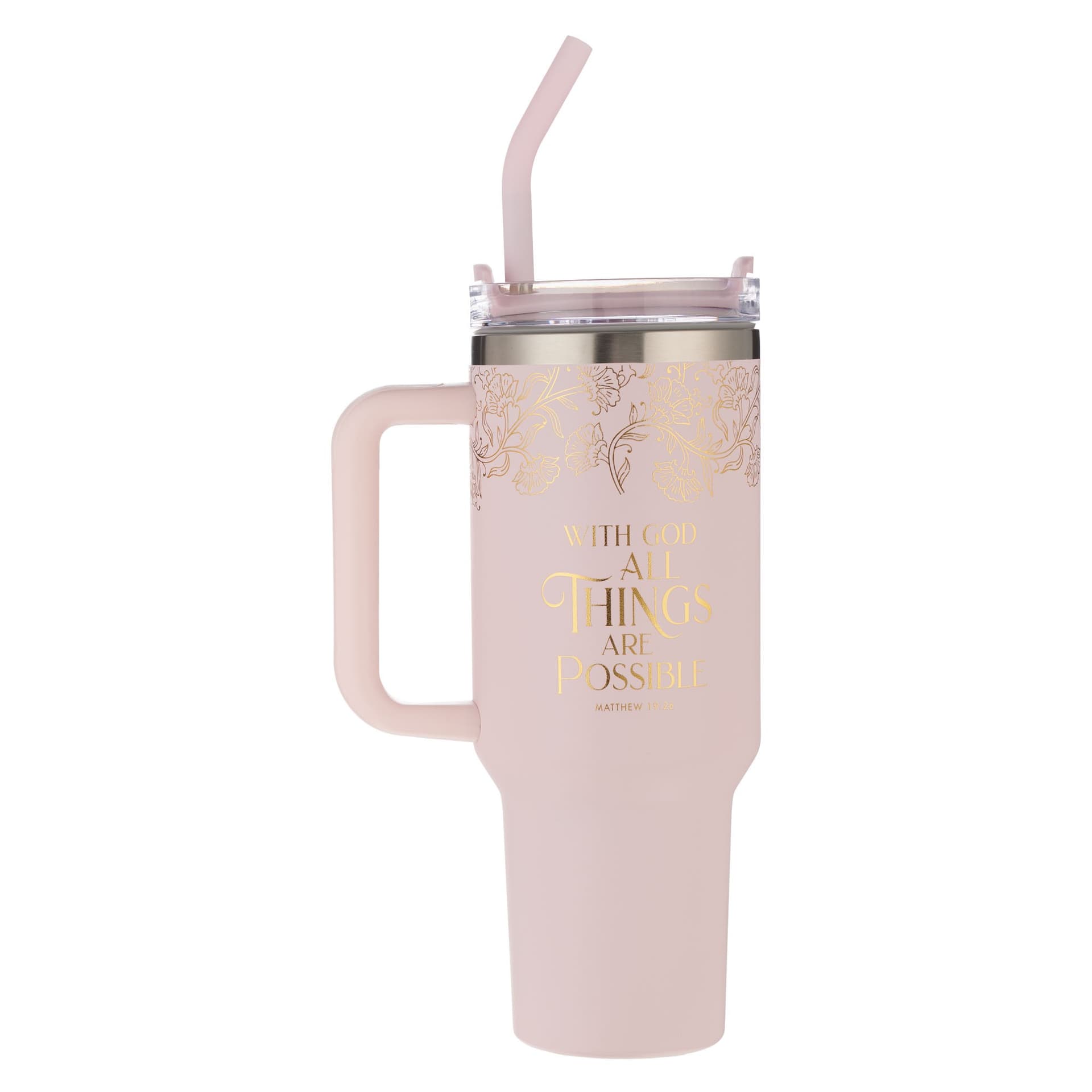 TUMBLER W/STRAW SS PINK WITH GOD MATT 19:26 - 2