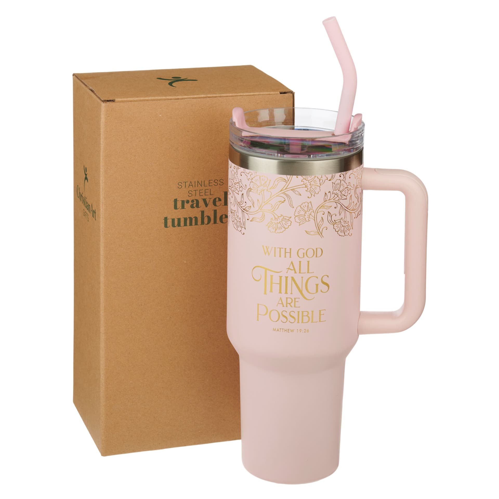 TUMBLER W/STRAW SS PINK WITH GOD MATT 19:26 - 3