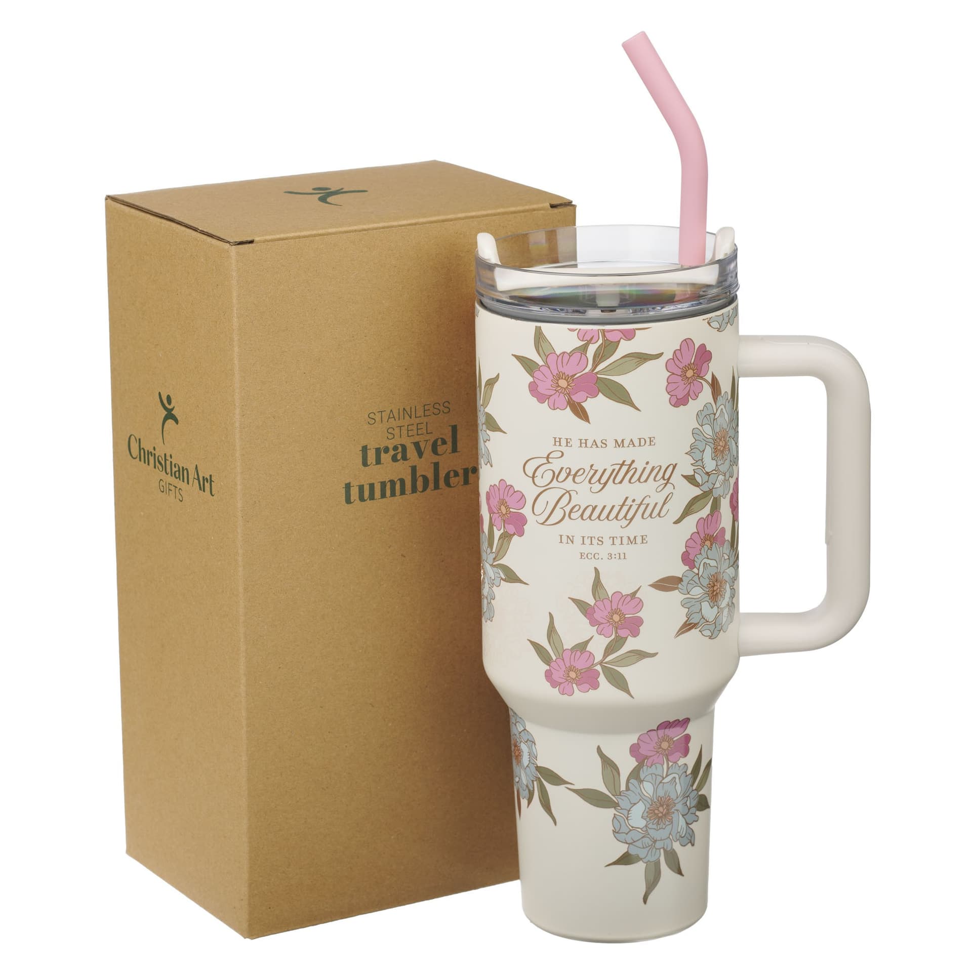 TUMBLER W/STRAW SS IVORY EVERYTHING BEAUTIFUL ECC 3:11 - 3