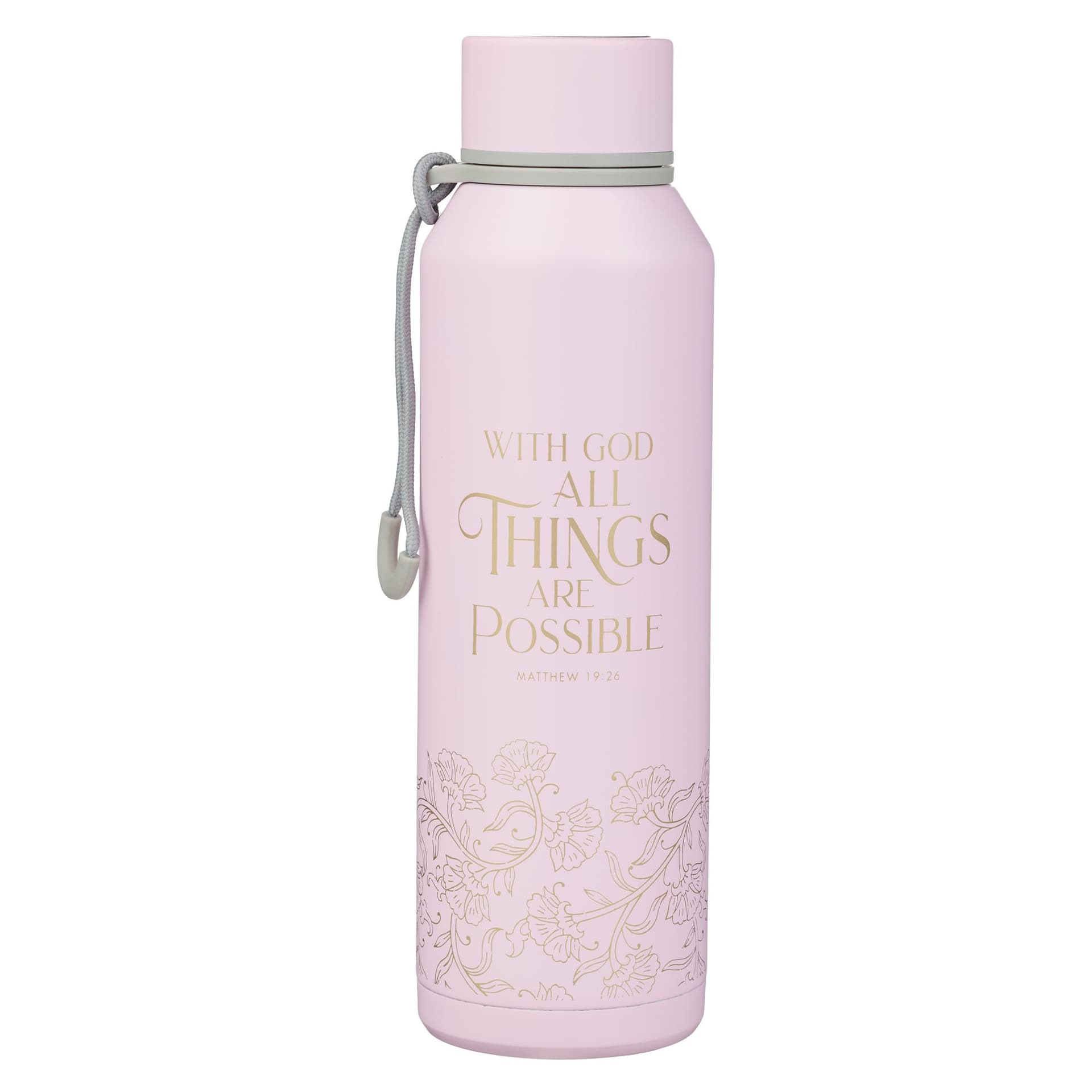 WATER BOTTLE SS PINK WITH GOD MATT 19:26 - 2