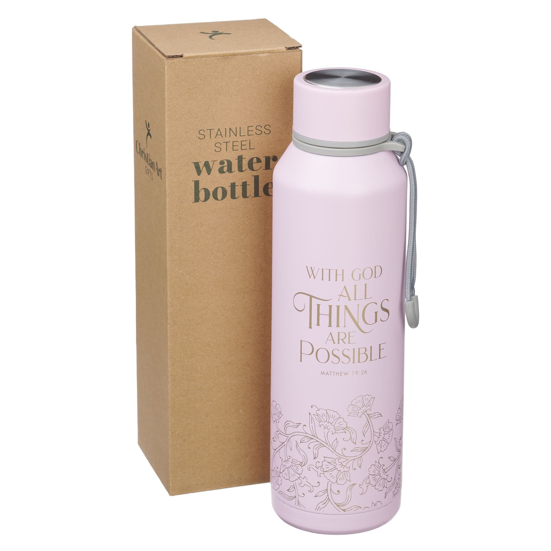 WATER BOTTLE SS PINK WITH GOD MATT 19:26 - 3