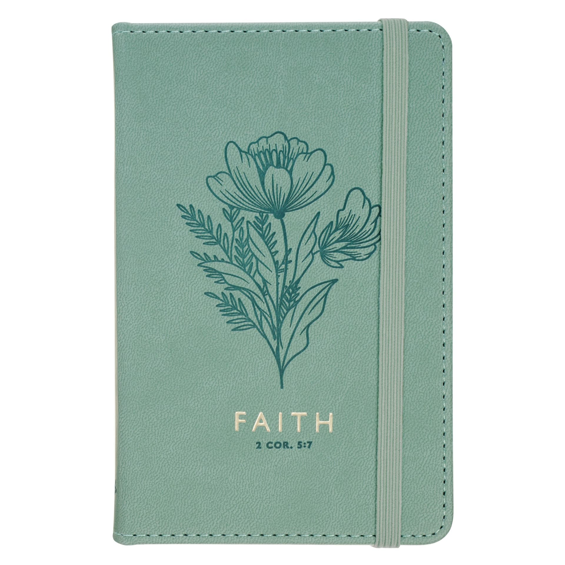 SMALL NOTEBOOK WITH ELASTIC CLOSURE FAUX GREEN FAITH 2 COR 5:7 - 1