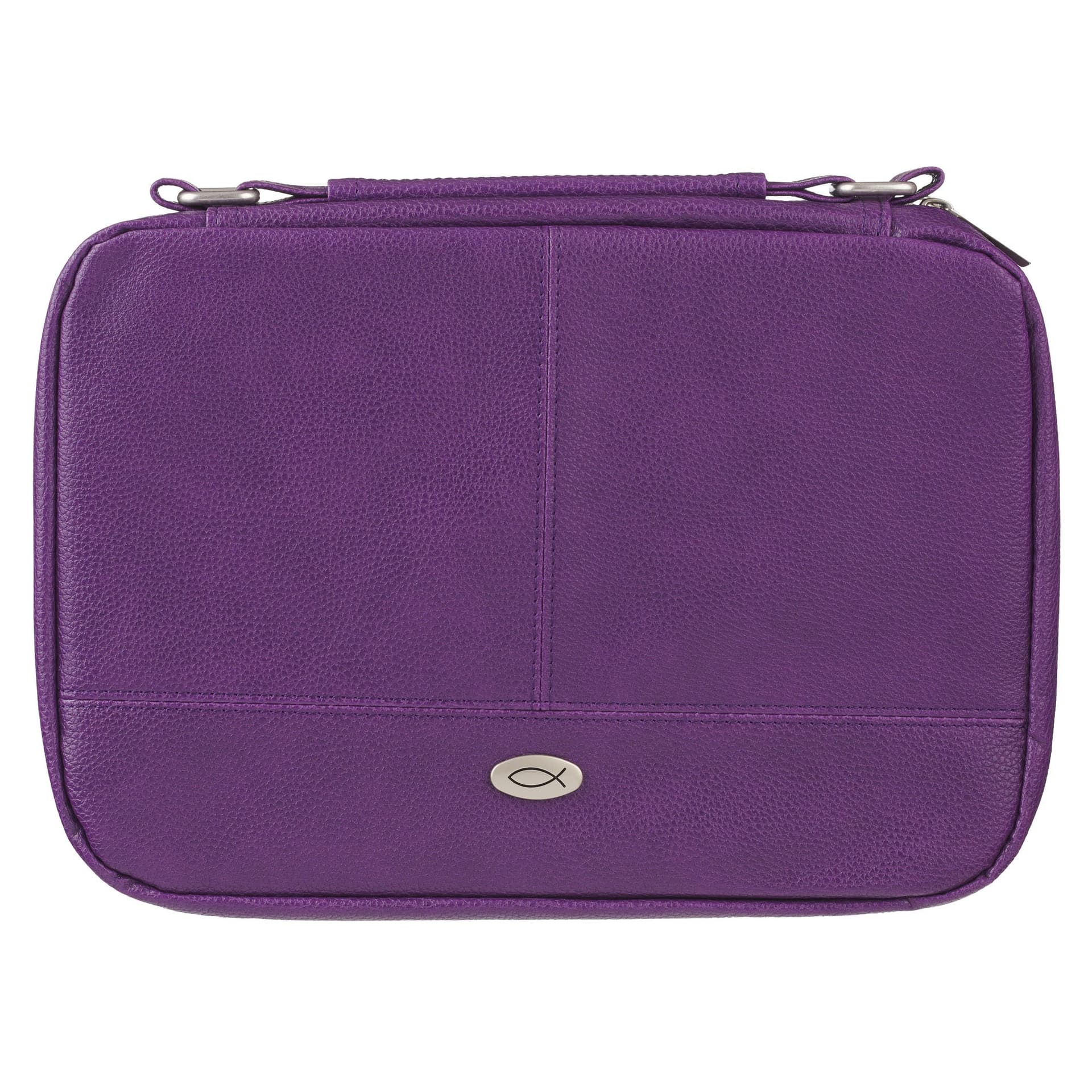 BIBLE COVER ORGANIZER TWO-FOLD WARM PURPLE W/ICHTHUS BADGE - 1