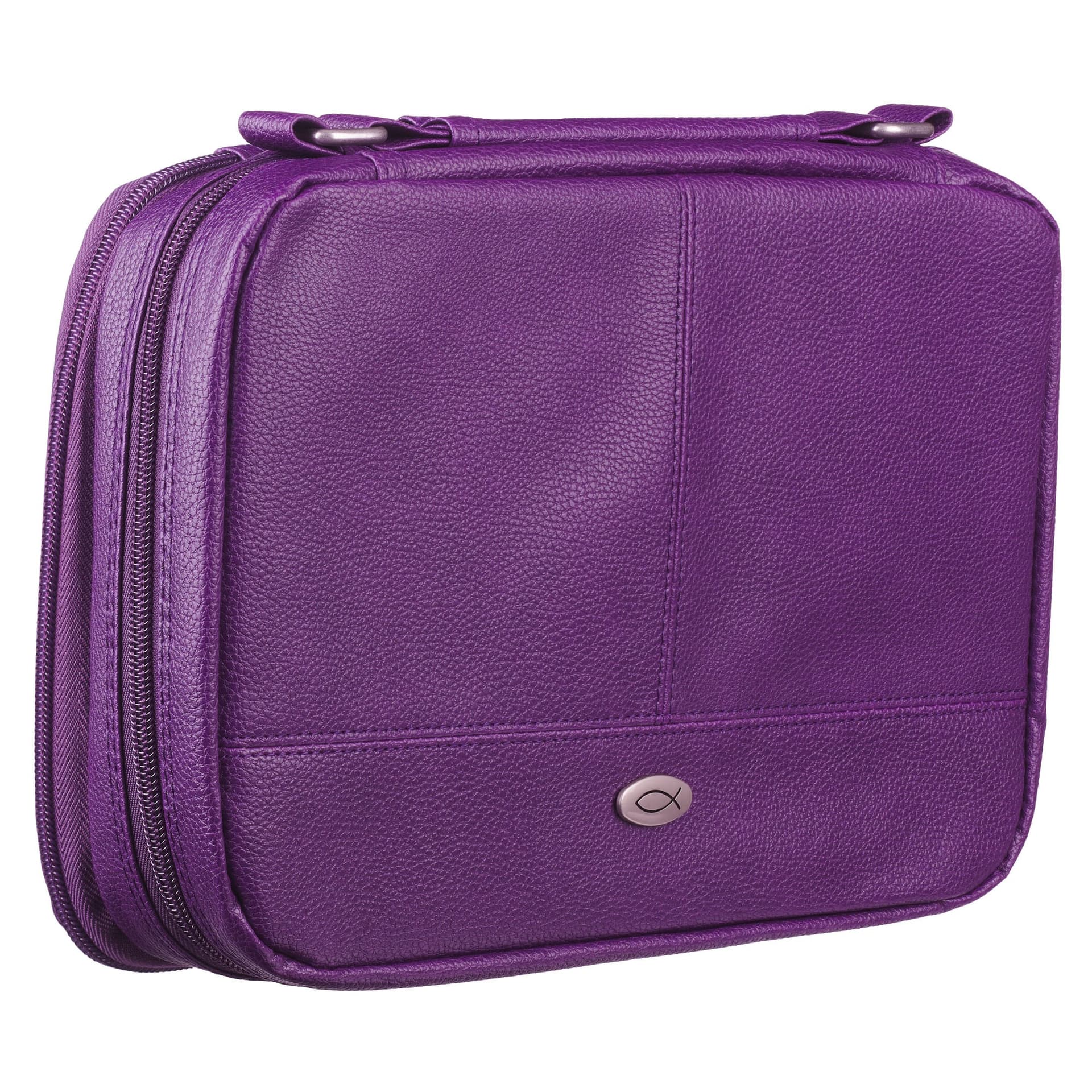 BIBLE COVER ORGANIZER TWO-FOLD WARM PURPLE W/ICHTHUS BADGE - 3