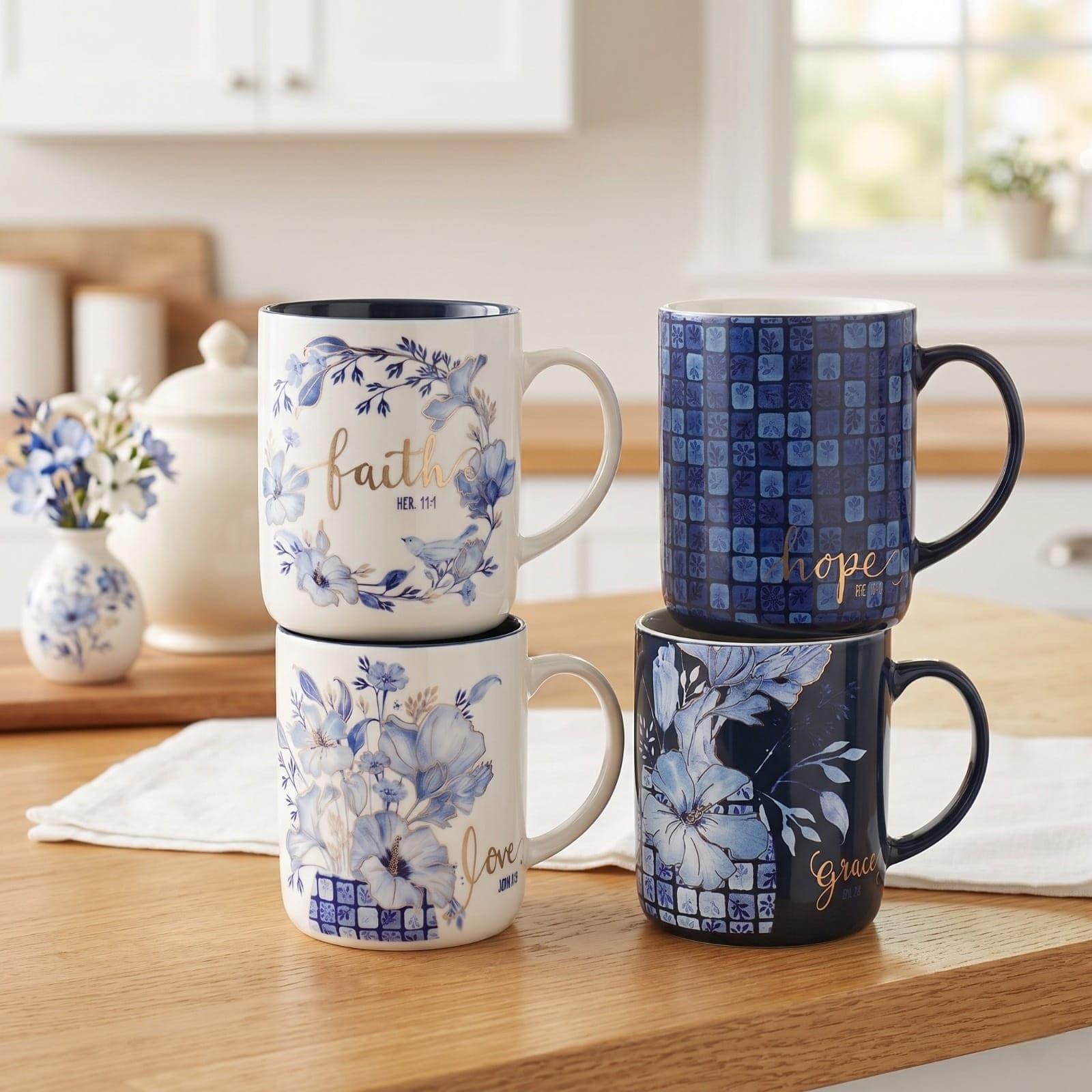 Mug Set 4pc Blue Floral Geometric - 2
