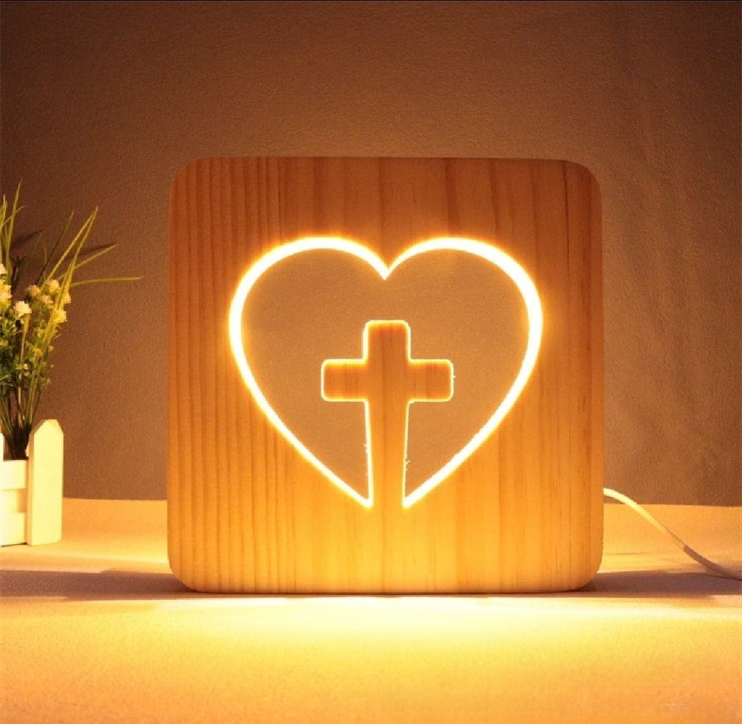 WOODEN CROSS HEART 3D NIGHT LIGHT - 1