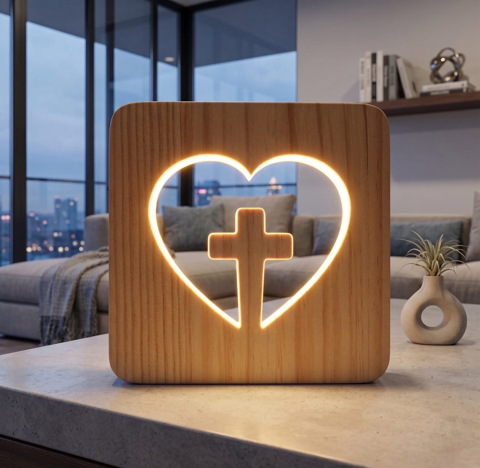 WOODEN CROSS HEART 3D NIGHT LIGHT - 2