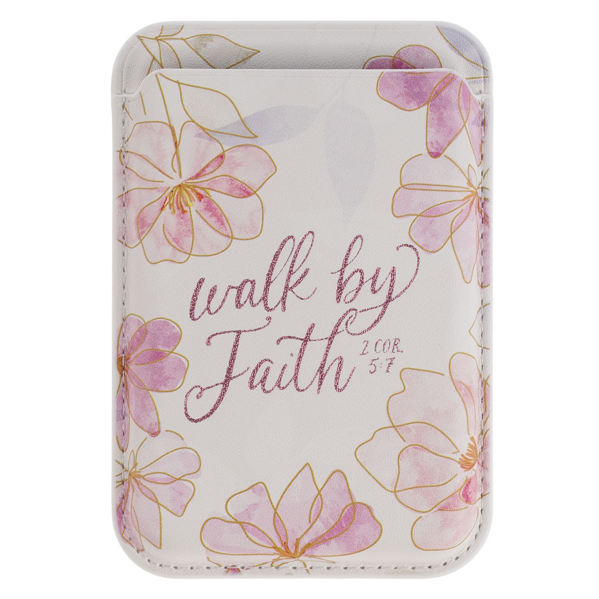 Phone Wallet Magnetic White Floral Walk By Faith 2 Cor 5:7 - 1