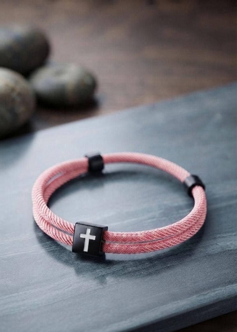 BABY PINK CROSS BRAIDED ROPE BRACELET - 1