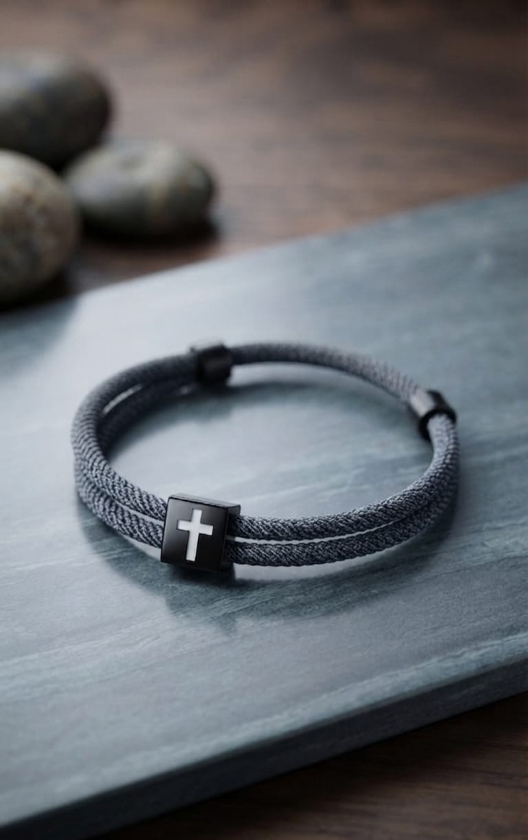 DARK GREY CROSS BRAIDED ROPE BRACELET - 1