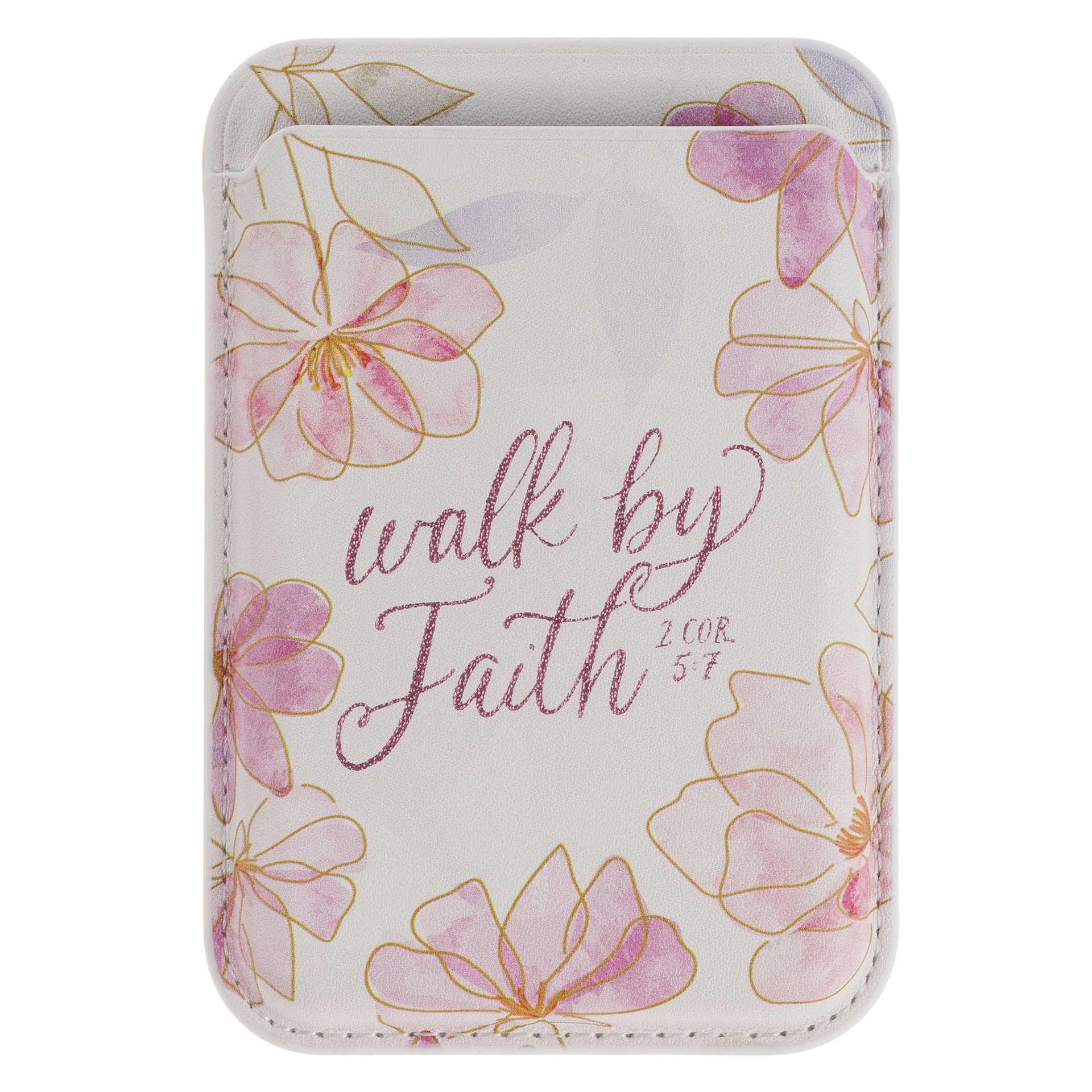 Phone Wallet Magnetic White Floral Walk By Faith 2 Cor 5:7 - 1