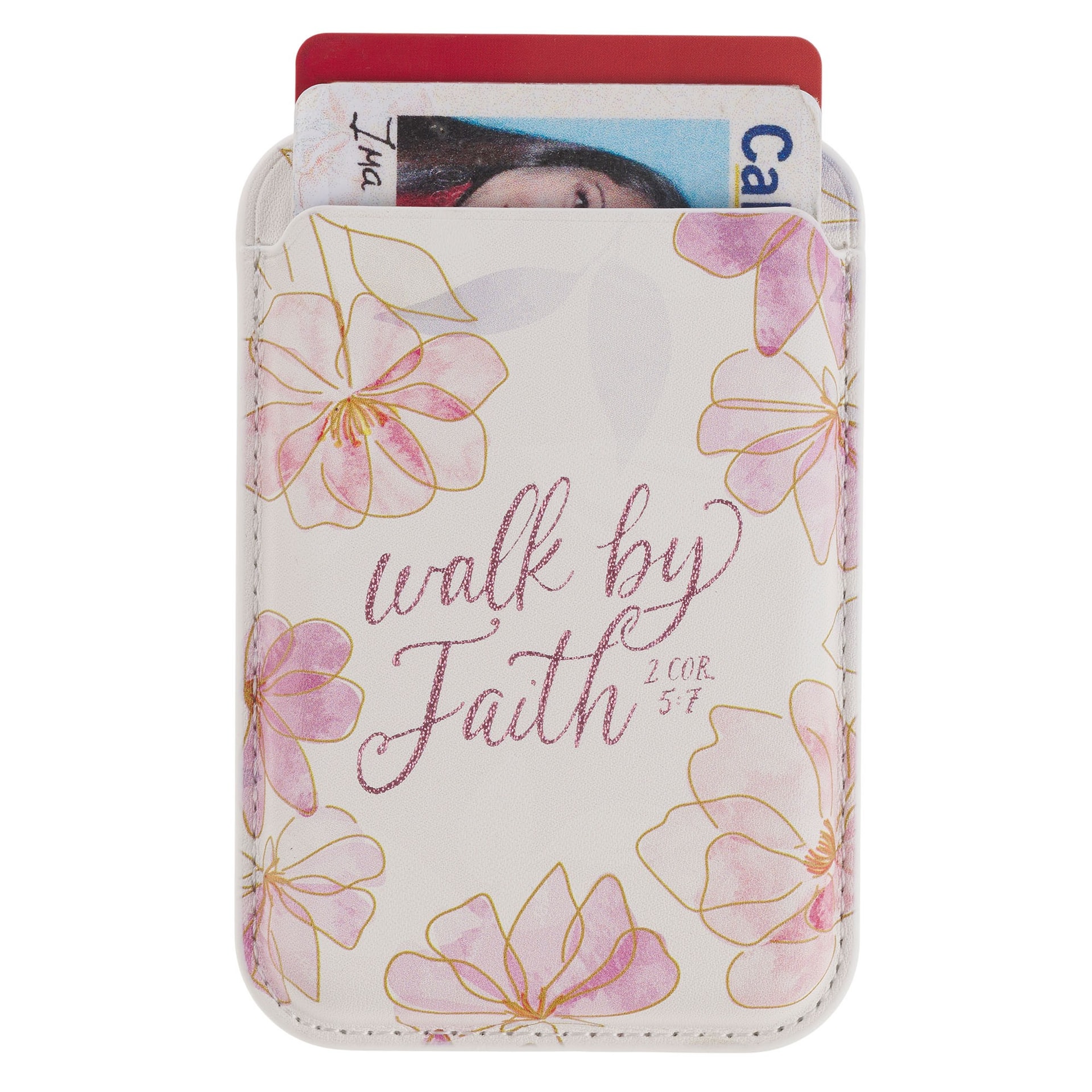 Phone Wallet Magnetic White Floral Walk By Faith 2 Cor 5:7 - 3